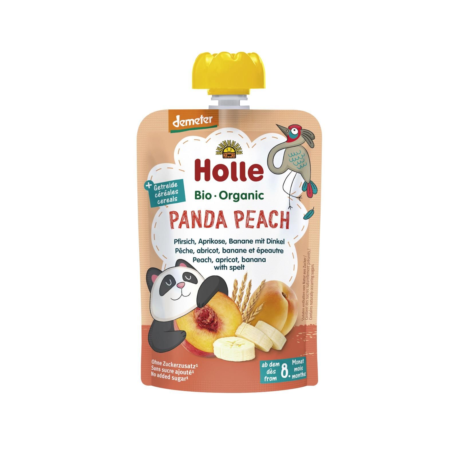 Holle Panda Peach Organické ovocné pyré broskyňa, marhuľa, banán, špalda 100 g