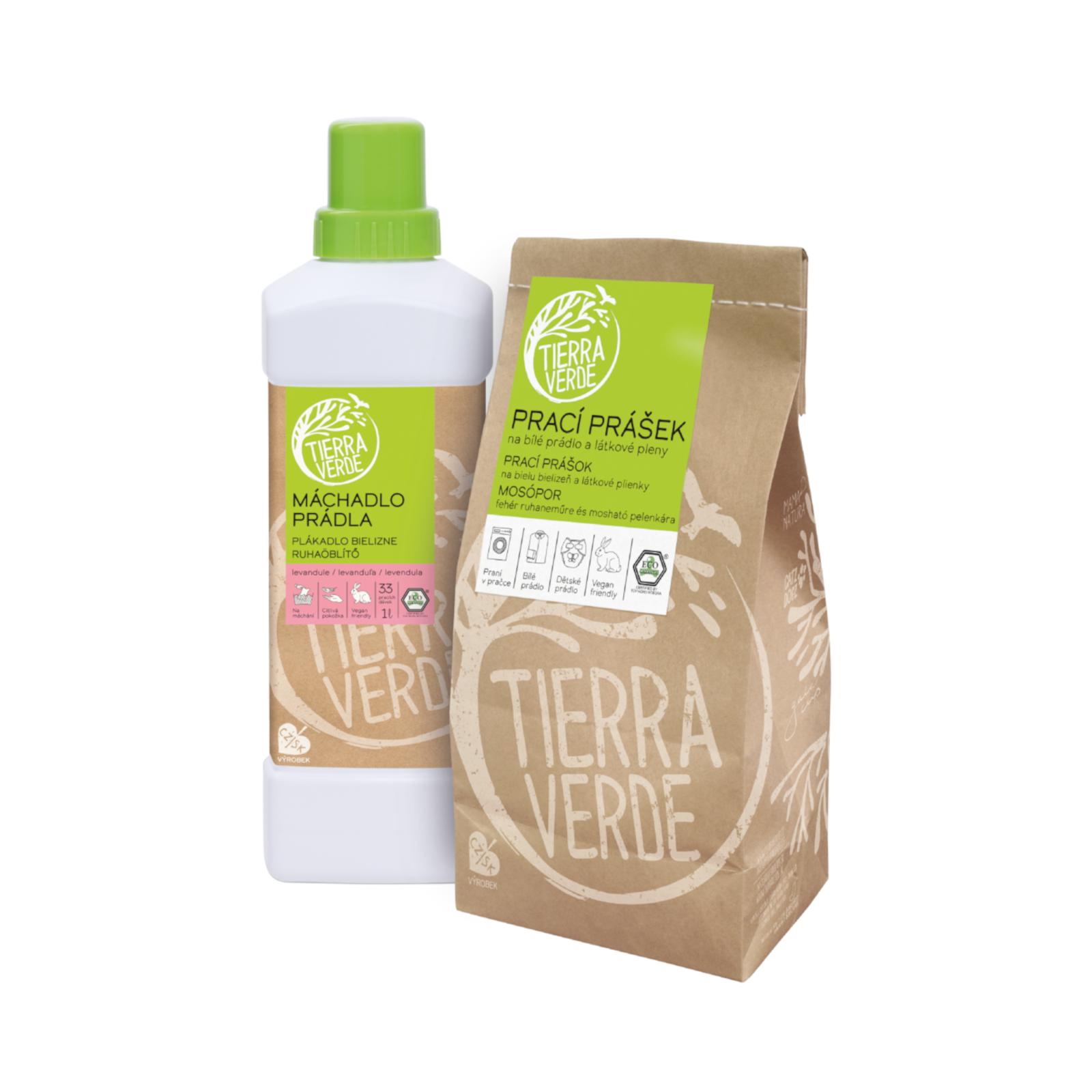 Tierra Verde Prací prášek na bílé prádlo a pleny + Máchadlo prádla, multipack 850 g + 1 l