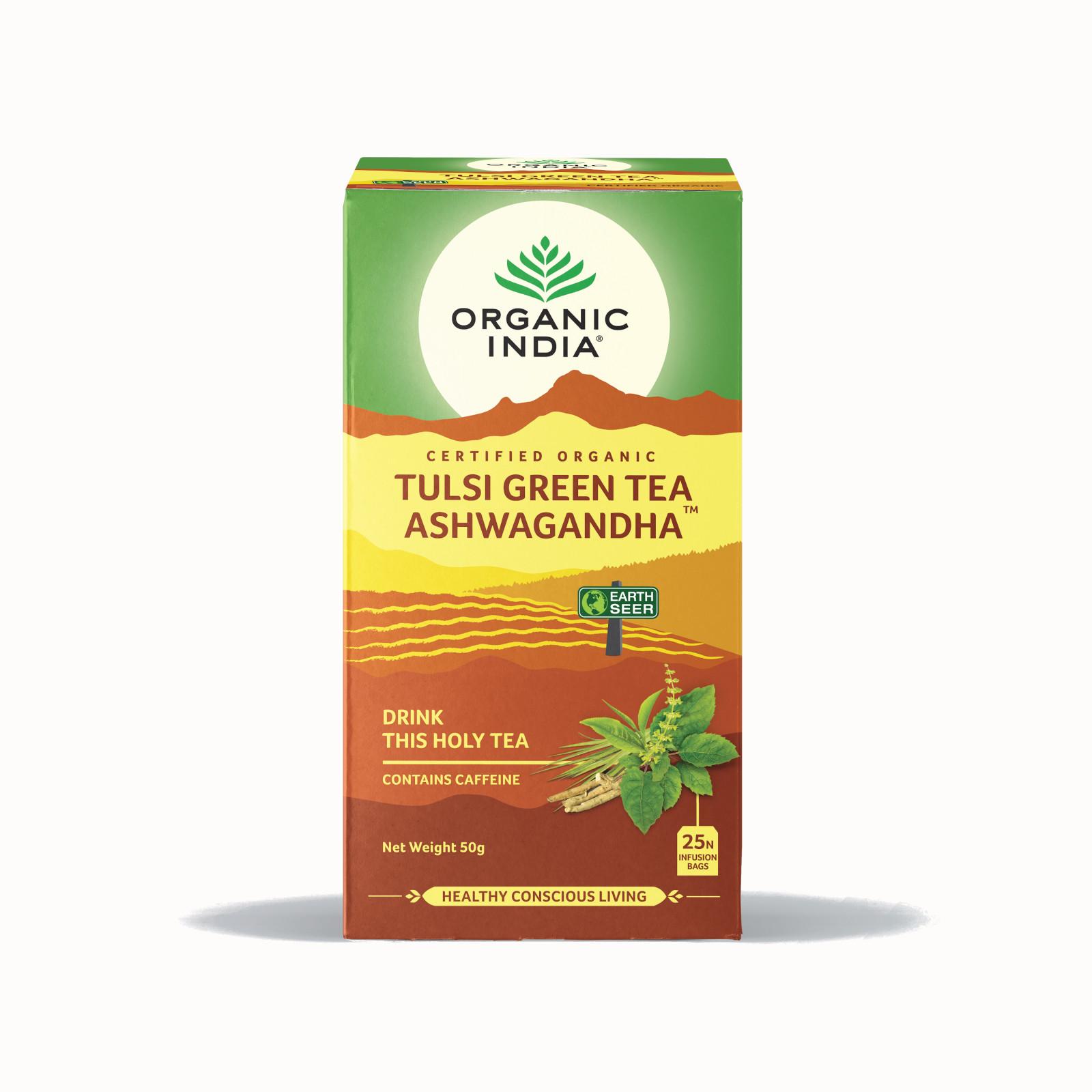 Organic India Čaj Tulsi Green Tea Ashwaganda, bio 50 g, 25 ks
