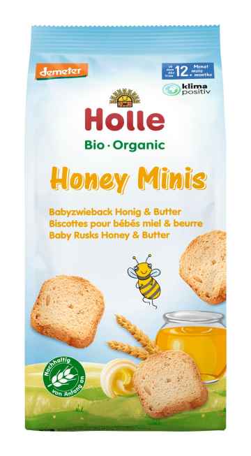 Holle Bio Holle Bio Dětské špaldové mini suchary s medem a máslem pro děti od 12. měsíce, 100 g 