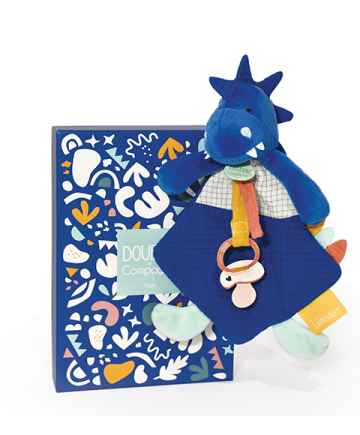 Doudou et Compagnie Paris Doudou Dárková sada - Hračka s úchytem na dudlík dinosaurus modrý 23 cm 