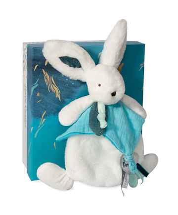 Doudou et Compagnie Paris Doudou Dárková sada - Plyšový králíček s muchláčkem 25 cm modrá 