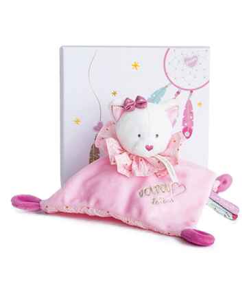 Doudou et Compagnie Paris Doudou Dárková sada - plyšový muchláček růžová kočka 20 cm 