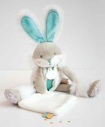 Doudou et Compagnie Paris Doudou Dárková sada - plyšový zajíček s dečkou 31 cm tyrkysový 