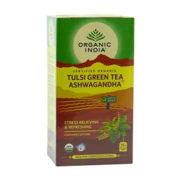 Organic India Čaj Tulsi Green Tea Ashwaganda, bio, Exspirace 08/06/2023 50 g, 25 ks